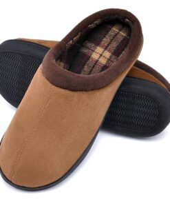 LORDFON Memory Foam Mens Slippers Slip-On Comfy House Slippers for Men Indoor Outdoor Non-Slip Warm Winter Men’s Bedroom Slippers Size 9-10 Brown