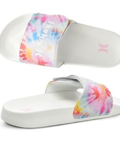 Hurley Naia Slides for Girls and Boys, Slip-On Kids Slippers with Adjustable Strap, Kid’s Sandals for Indoor and Outdoor, Adjustable Sporty Slides for Kids, Eva Footbed Shower Slides, Pink/Tie Dye, 13