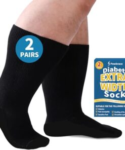 Powbrace 2 Pairs Wide Diabetic Socks for Men Women Plus Size,Lymphedema Socks,Socks for Swollen Feet and Ankles,Edema Socks,Loose Fit Socks,Non-Binding Socks,Bariatric Socks,Hospital Cast Socks-All Black