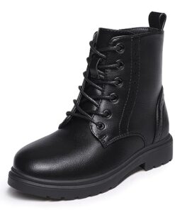 Athlefit Boys Girls Waterproof Combat Boots Lace Up Side Zipper Black Ankle Booties for Big Kid Size 4