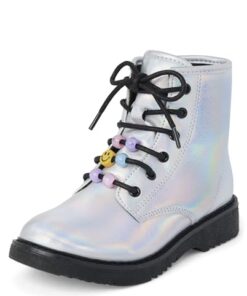 The Children’s Place Girls Lace Up Combat Boots, Metallic Silver, 13 Little Kid