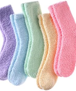 LINEMIN Womens Fuzzy Socks Cozy Fluffy Winter Warm Slipper Socks Microfiber Soft Home Sleeping Socks (5 Pack Soild Color B)