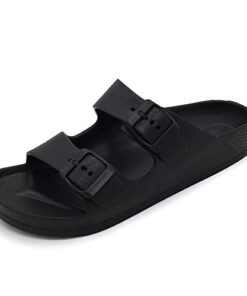 FUNKYMONKEY Women’s Comfort Slides Double Buckle Adjustable EVA Flat Sandals (8 M US-Women, Black)