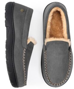 HomeTop Men’s Classic Memory Foam Moccasin Slippers, Warm Comfy Microsuede House Shoes for Indoor Outdoor Gray, 11 US