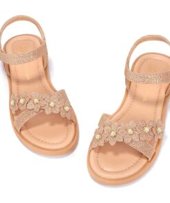 PANDANINJIA Mary Girls Sandals Open Toe Cute Flower Pearl Flats Dress Sandals Cross Strappy Summer Shoes Toddler/Little Kid/Big Kid (Rose Gold Glitter, 4 M US Big Kid)