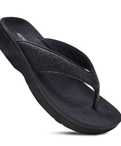 AEROTHOTIC Womens Slip On Lightweight Plantar Fasciitis Orthotic Flip Flops Comfortable Walking Outdoor Beach Ladies Arch Support Summer Thong Sandals (Crystal Black, size 8)