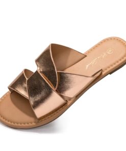 Eozlink Women’s Flat Sandals Dressy Summer Band Flat Slide Sandal Slip-on Cross Strappy Crosscriss Flat Sandal Black White Gold Brown (Gold US 9)