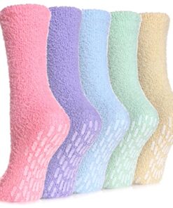 MQELONG Slipper Socks for Women Cozy Hospital Socks Soft Fluffy with Grips Socks Warm Fuzzy Socks Non Slip Grip Socks (5 Pairs Mix Rainbow)