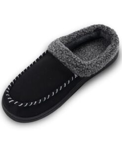 SormGuum Mens House Slippers Bedroom Slip on Indoor/Outdoor Fuzzy Moccasin Wide Width Comfy Slip Resistant Memory Foam Shoes For Men Size 8.5 9 Black