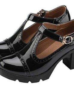 DADAWEN Women’s Classic T-Strap Platform Mid-Heel Square Toe Oxfords Dress Shoes Black US Size 7.5