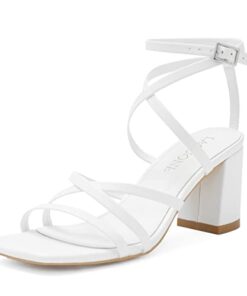 LACUONE Strappy Heels for women Square Toe Chunky Block Heels Ankle Buckle Pump Heeled Sandals (8.5,White)