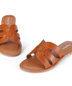 mazeskin Womens H-Band Flat Sandals Summer Comfortable Dressy Slide Beach Sandals,Cognac US8