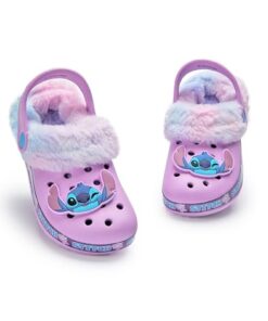 Disney Lilo & Stitch Girls Clogs | Kids Rubber Slip-Ons with Stitch Character Charm in Purple | Childrens Fur Lined Sandal Slides with Heel Strap & Flower Print | Animation Movie Merchandise Gift