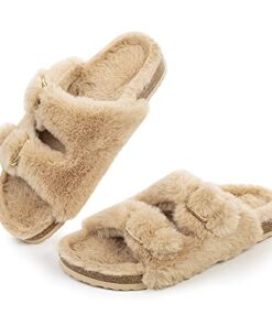 FITORY Womens Open Toe Slipper with Cozy Lining,Faux Rabbit Fur Cork Slide Sandals Size 9