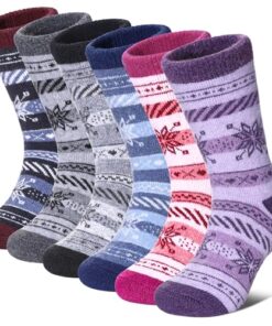 FNOVCO Kids Merino Wool Hiking Socks Toddlers Boys Girls Cozy Thermal Winter Thick Warm Crew Socks 6 Pairs (8-12 Years, Snowflake)