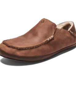 OLUKAI Moloa Slipper Men’s Slippers, Premium Nubuck Leather Slip On Shoes, Shearling Lining & Gel Insert, Drop-In Heel Design, Toffee/Dk Wood, 11