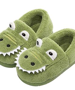 JACKSHIBO Girls Boys Home Slippers Warm Dinosaur House Slippers For Toddler Fur Lined Winter Indoor shoes Green 7-8 Toddler