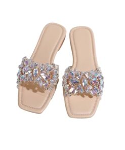 Verdusa Women’s Rhinestone Clear Flat Sandals Square Toe Slide Sandals Beige 12