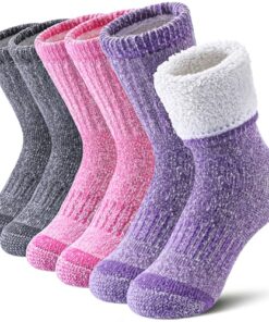 LINEMIN Kids Merino Wool Hiking Socks Boys Girls Winter Warm Thick Thermal Boot Thick Cushion Snowboarding Socks 3 Pairs (8-12 Years, purple/Pink/Gray)