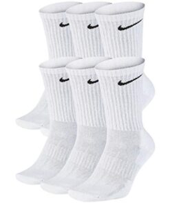 NIKE Dri-Fit Training Cotton Cushioned Crew Socks 6 PAIR White with Black Signature Swoosh Logo) LARGE 8-12