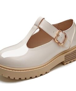 Coutgo Girls Mary Jane Dress Shoes Platform Loafers School Uniform Chunky Heel Closed Toe T-Strap Flats Beige