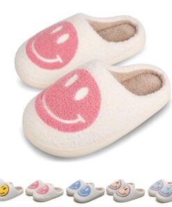 KEYUSHOP Happy Face Slippers for Kids Smile Face House Slippers Soft Plush Warm Preppy Slipper Anti-Slip Winter Fuzzy House Shoes for Toddler Girls