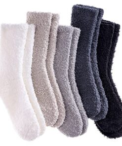 LANLEO 5/6 Pairs Womens Super Soft Fuzzy Plush Warm Winter Home Sleeping Slipper Socks 5 Pairs Solid Color Style