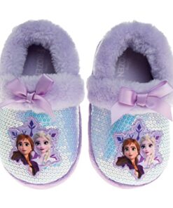 Disney Frozen Elsa & Anna Girls Slippers – Plush Non-Slip Comfy Fluffy Lightweight Warm Comfort Soft Aline Indoor House Slippers – Purple (Toddler 7-8)