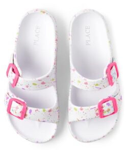 The Children’s Place Girls Double Buckle Slip On Slide Sandals, White Paint Splatter, 3 Big Kid