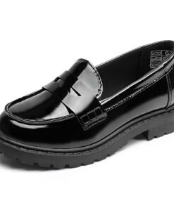 CCVON Girls Dress Shoes Chunky Loafers for Girl Platform Penny Loafers School Uniform Slip On Shoes Black Size8