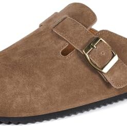 Intini Unisex Suede Leather Clogs Mules Mens Womens Cork Footbed House Slipers with Arch Support and Adjustable Buckle Rust