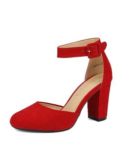 DREAM PAIRS Women’s High Heel Ankle Strap Closed Toe Chunky Wedding Party Pumps Shoes,Size 10,Red/Suede,Angela