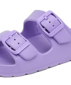 INMINPIN Boys Girls Double Buckle Slide Sandals Comfort Beach Pool Shower Slippers Adjustable Indoor Outdoor Little Kid/Big Kid,Purple,2 Big Kid