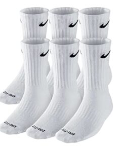 NIKE Dri-FIT Cushion Crew Training Socks (6 Pair) White With Traditional Black Swoosh Logo ADULT LARGE 8-12 UNISEX