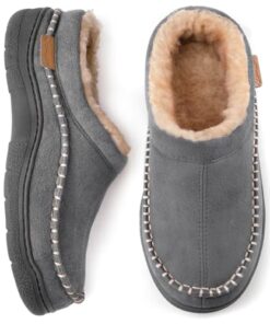 Zigzagger Men’s Slip On Moccasin Slippers, Indoor/Outdoor Warm Fuzzy Comfy House Shoes, Fluffy Wide Loafer Slippers,Grey, 11-12 D(M) US