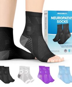 BraceAbility Neuropathy Socks for Women and Men (Pair) – Toeless Compression Foot Neuropathy Socks, Peripheral Neuropathy Socks, Diabetic Neuropathy Socks, Arthritis Socks (S – Black)